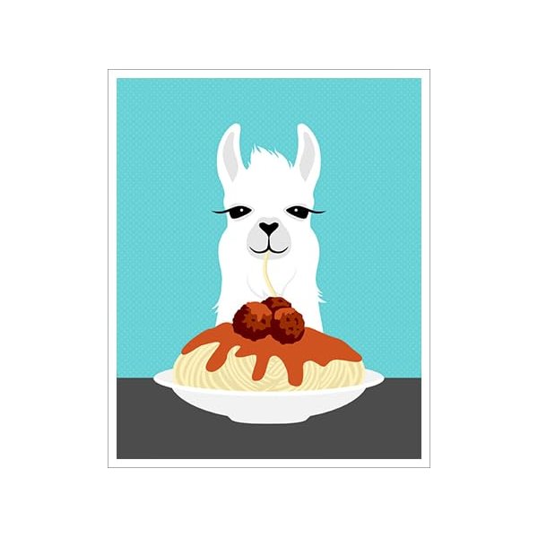 A 5J - White Llama Eating Spaghetti UNFRAMED Wall Art Print by Lee ArtHaus