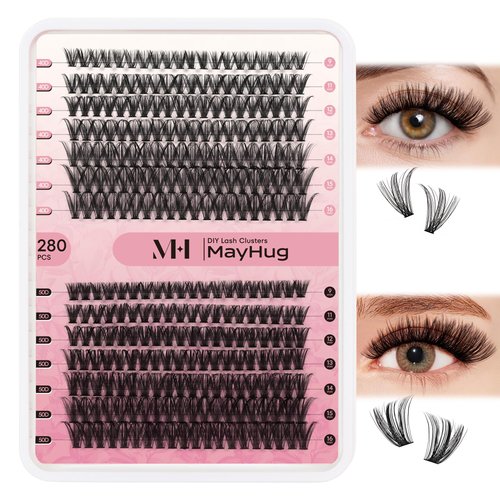Mayhug Lash Clusters - Fluffy Individual Clusters, 9-16MIX DIY Cluster Eyelash Extensions, D Curl Wispy False Eyelashes, 280PCS Thick eyelashes, 40D+50D Cluster Lashes, 7 Lengths Lashes Clusters