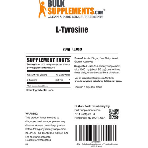 BULKSUPPLEMENTS.COM L-Tyrosine Powder -Tyrosine Supplement, Tyrosine Powder, Tyrosine 1000mg - Non-Essential Amino Acid Supplement, Gluten Free - 1000mg per Serving, 250g (8.8 oz)