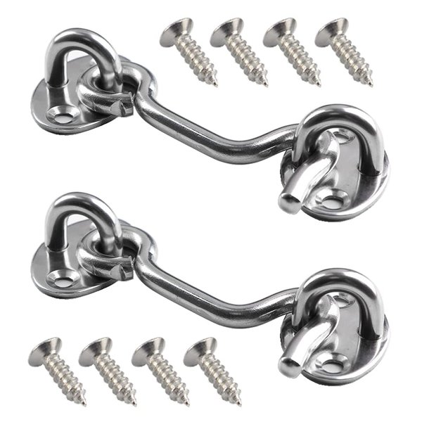2 Pieces 3" Hook and Eye Latch with Screw Stainless Steel Window Lock Cabin Hook Barn Door Latch Hook & Eye Door Latch Eye Latch for Window Gate Shutters Barn Door, Silver-Tone