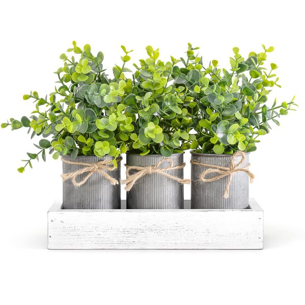 Dahey Decorative Galvanized Metal Pots Centerpiece Decor Wood Tray with Artificial Plant, 3 Buckets with Eucalyptus, Rustic Farmhouse Home Decor for Coffee Table Dining Living Room Kitchen Bath, White