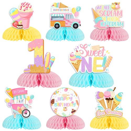 Jollyboom Ice Cream Table Centerpieces for Girls, Sweet One 1st Birthday Honeycomb Centerpiece We All Screamed for Ice Cream Double-sided Honeycomb Centerpiece for Summer 1st Birthday Baby Shower