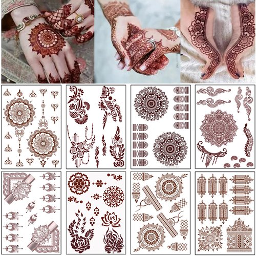 8 Sheets Red Brown Temporary Tattoo Stickers Lace Floral Temporary Waterproof Fake Tattoo Design for Women Festivals Wedding Masquerade Party Decorations Body Art Long Lasting Stickers