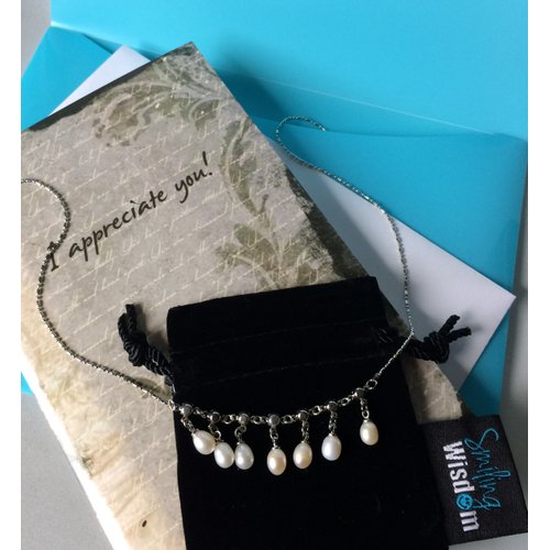 Smiling Wisdom - Appreciation Friendship Greeting Card and Dangle Pearl Necklace Gift Set -Thank You for Your Pearls of Wisdom - Woman, Mentor
