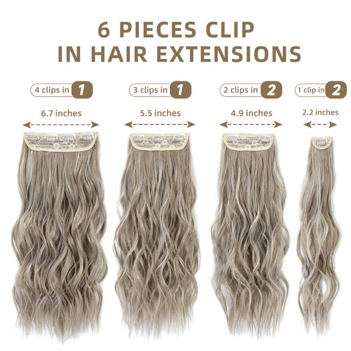 FLIACE Hair Extensions Clip ins, 6 PCS Wavy Extensions, Light Gray&Ash Blonde&Light Brown Thick Hair, Blends Well Hair Extensions (20Inch, 6PCS, Gray Brown&Ash Blonde)