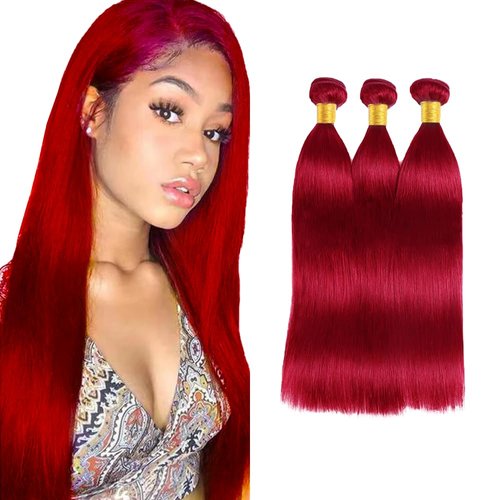 30 32 34 Inch Red Bundles Red Straight Human Hair Bundles Burgundy Bundles Human Hair Burgundy Straight Bundles Grade 8A Brazilian Virgin Human Hair Extensions 100g/Pc