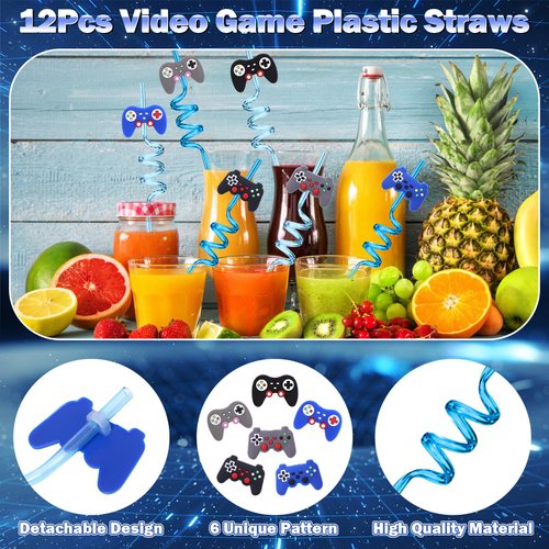 Winrayk 136Pcs Kids Video Game Party Favors Gamer Birthday Supplies, Straw VIP Pass Bag Bracelet Stamper Glow Sticker Keychain, Pinata Filler Goody Stuffer Girl Boy Game On Gaming Party Favors Decor