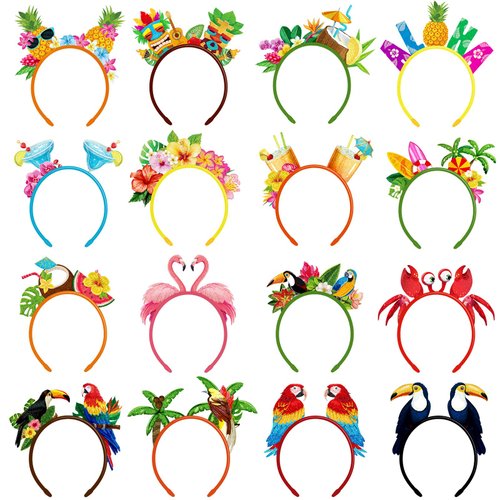 Capoda 16 Pieces Hawaiian Party Favors - Felt Luau Head Boppers, Flamingo Pineapple Palm Tree Tik...