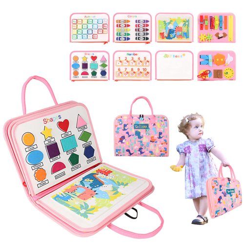 TUNJILOOL Busy Board Montessori Toys for Toddler Sensory Toys Quiet Book, 8 in 1 Sensory Activity Board for Montessori & Educational Learning Toys for Boys Girls 3+ (Pink)