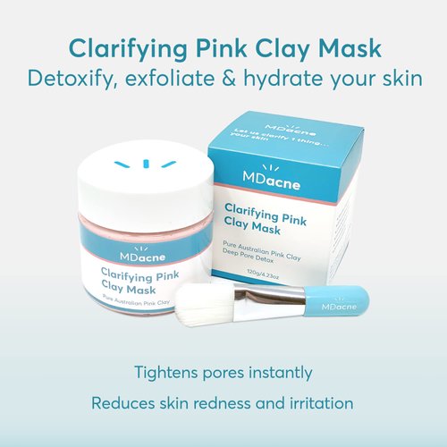 MDacne Clarifying Clay Face Mask - Deep Pore Detox with Australian Pink Clay - Detoxifying, Exfoliating & Brightening - Reduce Skin Redness & Irritation for Sensitive Acne-Prone Skin