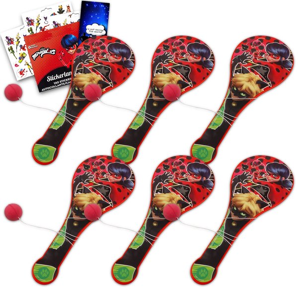 Miraculous Ladybug Paddle Ball Party Favors - 6 Pc Miraculous Ladybug Paddle Ball Game Bundle & Stickers | Miraculous Ladybug Party Supplies for Kids