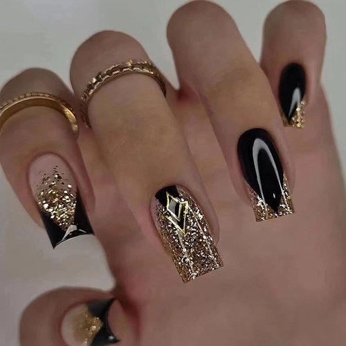 MISUD Medium Square Press on Nails Squoval Fake Nails Black French Tip Artificial Acrylic Nails Glossy Glue on Nails Gold Bling Glitter Stick on False Nails with Design 24 pcs