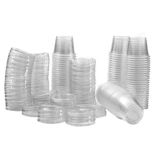 1 oz Containers with Lids | Disposable Plastic Jello Shot Cups | Small Clear Plastic Condiment Cups For Sauce, Souffle, Salad Dressing, Portion Control, Pack of 100