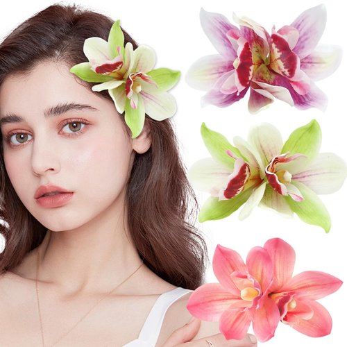 3 Pcs Hawaiian Flower Hair Clips for Women, Orchid Bohemian Hair Pins Hibiscus Flower Hair Barret...