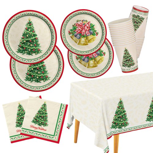 Christmas Party Supplies Serve 25, Christmas Tree Christmas bell Disposable Dinnerware Includes: Dinner Plates, Dessert Plates, Napkins, Cups, and Tablecloth, for Merry Christmas Party Decorations