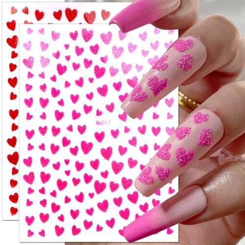 10 Sheets Heart Nail Stickers Glitter Shiny Love Nail Decals 3D Self Adhesive Nail Art Stickers Glitter Powder Effect Valentine's Day Hearts Designs DIY Valentines Manicure Decorations Accessories