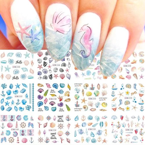 Summer Nail Art Stickers 12 Sheets, Ocean Nail Decals Seashell Turtle Starfish Jellyfish Seahorse Seaweed Design Water Transfer Stickers Decals Beach Ocean Summer Nail Supplies for Women Manicure Tips