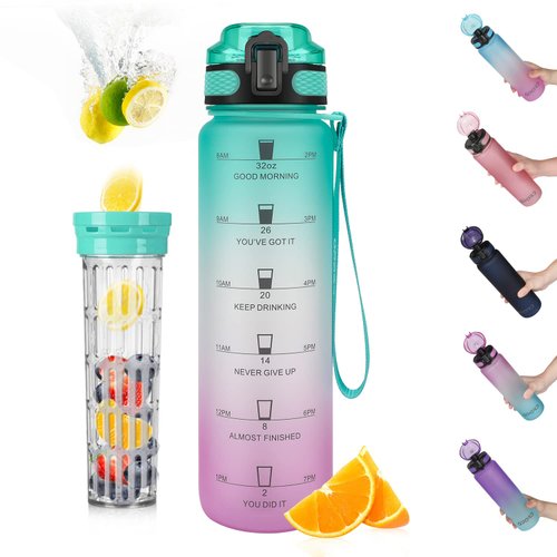 Opard 32oz Sports Water Bottle with Motivational Time Marker to Drink, Reusable BPA Free Tritan with Filter for Gym and Outdoor