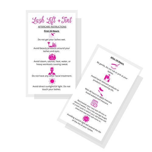 Lash Lift + Tint Aftercare Instruction Cards | 50 Pack | 2 x 3.5” inches Business Card Size | Eyelash Lift and Tint Kit at Home DIY aftercare Supplies | White with Pink Icon Design