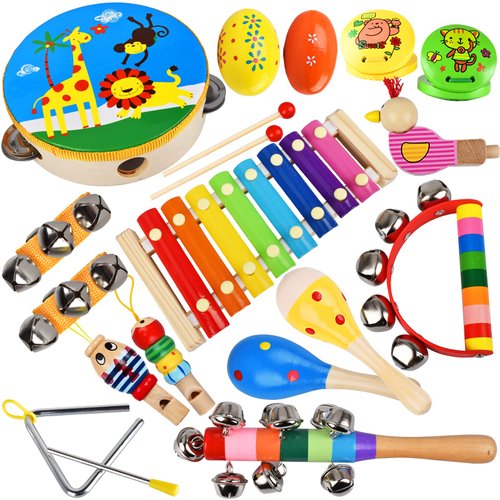 INLAIER Kids Musical Instruments Set, 20 Pcs Wooden Shakers Percussion Instruments Tambourine Xylophone Toys, Child Early Learning Musical Toys for Boys and Girls Gifts Present with Carrying Bag