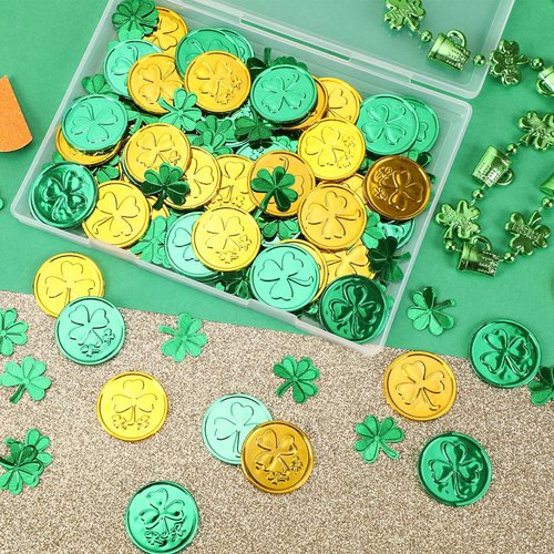 AUGSUN St. Patrick's Day Decorations Shamrock Coins, 60 Pieces Gold Green Good Lucky Coins Plastic Irish 3-Leaf Clover Leprechaun Coin for St Patricks Day Decorations Party Supplies Favors
