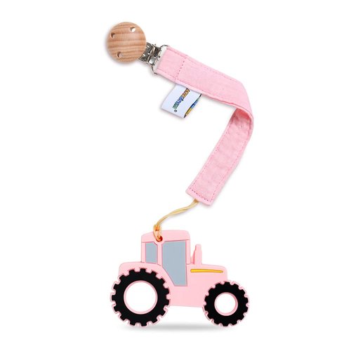 AmazingM Baby Food Grade Silicone Tractor Car Teether Toy with Pacifier clip Holder,Teething Pain Relief Toys Gift Set for 3 Months+ Boys and Girls,Freezer Safe,BPA Free (Pink)