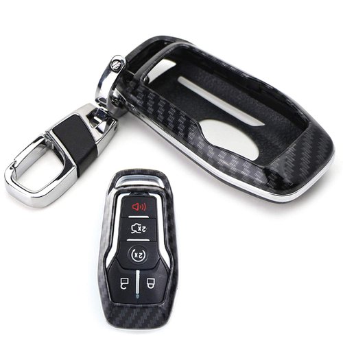 iJDMTOY Glossy Black Carbon Fiber Pattern Exact Fit Key Fob Shell w/Keychain Compatible with Ford/Lincoln 4/5-Button Intelligent Access Smart Key
