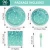 96 Pcs Teal and Silver Tableware Set for 24 Guests Happy Birthday Table Decorations Breakfast Blue Birthday Theme Dessert Plates Napkins Forks for Girls Women Silver Glitter Birthday Party Supplies