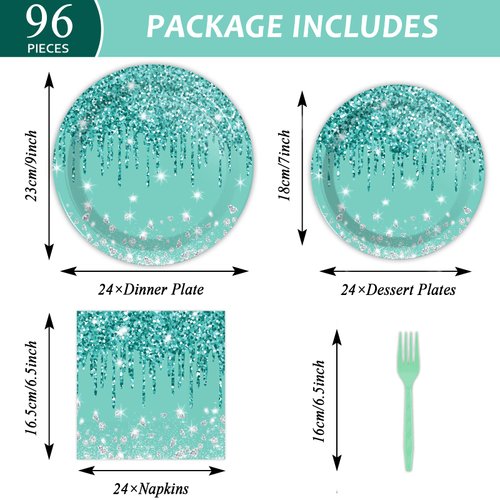 96 Pcs Teal and Silver Tableware Set for 24 Guests Happy Birthday Table Decorations Breakfast Blue Birthday Theme Dessert Plates Napkins Forks for Girls Women Silver Glitter Birthday Party Supplies