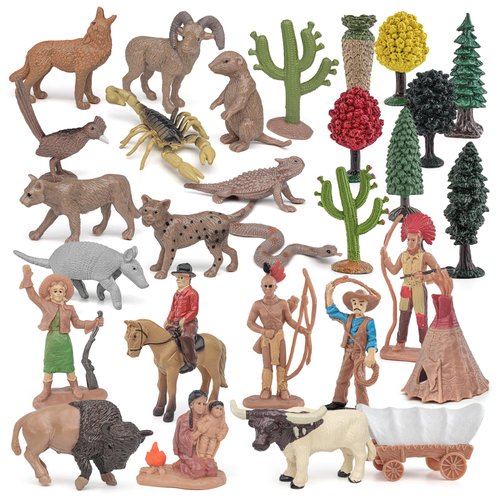 Sinmelechtra Desert Cowboy Animal Figures Playsets 29 PCS Groundhogs, Armadillos, Cowboys, Covered Wagons, Cacti Party Favors Toys for Boys Girls Kids