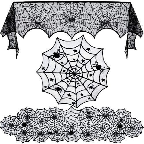 Tayfremn 3pack Halloween Decorations Set Halloween Tablecloth Black Lace Round Spider Cobweb Table Cover Fireplace Mantel Scarf Spiderweb Fireplace Scarf for Halloween Party