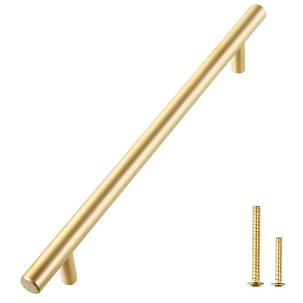 QOGRISUN 2-Pack Solid Brass Cabinet Pulls, Gold Euro Style T Bar Handles, 7-9/16-Inch Hole Center for Kitchen Drawer Dresser Cupboard, 10-Inch Total Length, Brushed Brass Finish