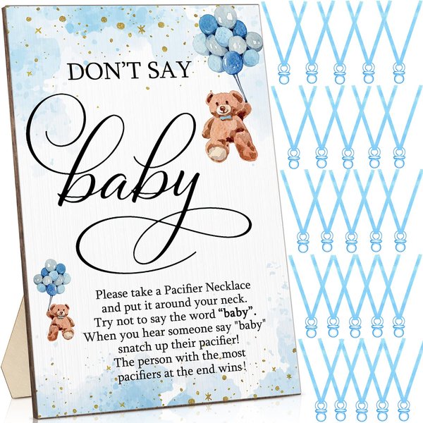 Wesiti 51 Pcs Cool Baby Shower Game Wooden Bear Sign Baby Gift Sets 50 Baby Shower Pacifiers Necklace Acrylic Pacifier for Gender Reveal Party Favor (Blue)