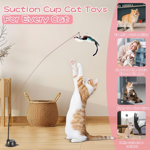 Maiguangta Interactive Bird Simulation Cat Toy Set,Cat Wand Toys,Wand Self-Holding Suction Cups Base,Include Detachable 6 Pcs Replacements Feathers Toys
