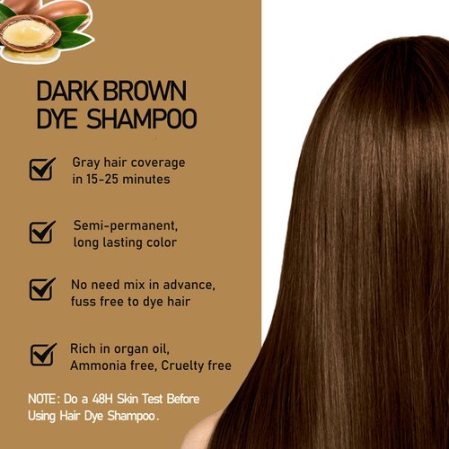 Fvquhvo Dark Brown Hair Dye Shampoo for Gray Coverage, Argan Oil Instant Hair Color Shampoo, Semi-Permanent Brown Hair Shampoo, Long Lasting Brown Hair Dye, Brown Shampoo Easy to Use (Dark Brown)