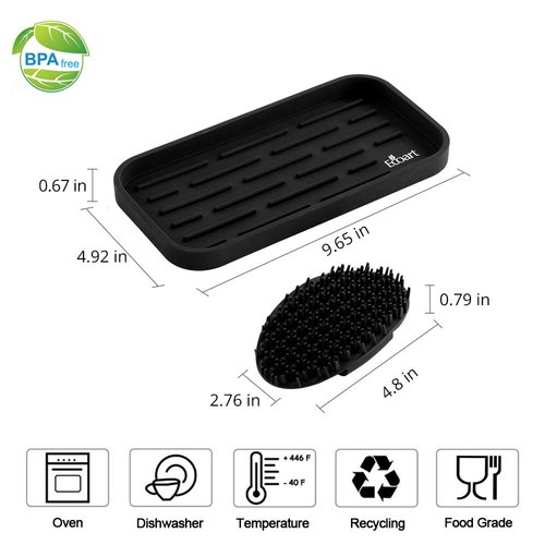 ECOART Silicone Sponge Holder Tray, Dishwashing Brush Holder, Sponge Caddy, Kitchen Sink Organizer,Bathroom Organizer,with Silicone Cleaning Brush (Black)