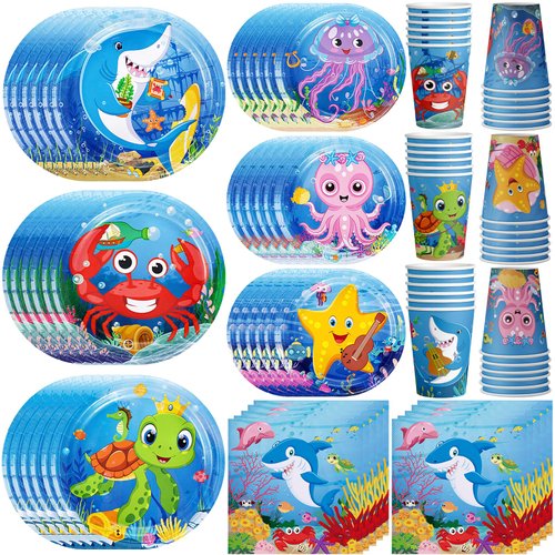 120 Pcs Ocean Under the Sea Party Plates Napkins Paper Cups Supplies Disposable Paper Tableware Set Underwater Creatures Theme Decoration for Boy and Girl Beach Birthday Party , Serves 30
