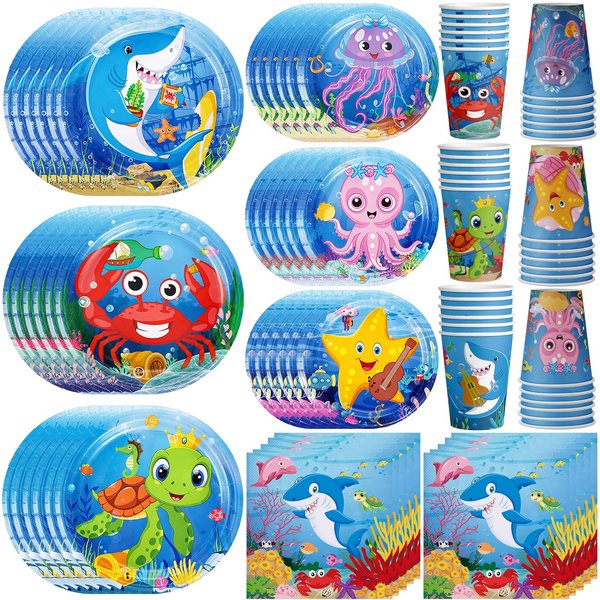 120 Pcs Ocean Under the Sea Party Plates Napkins Paper Cups Supplies Disposable Paper Tableware Set Underwater Creatures Theme Decoration for Boy and Girl Beach Birthday Party , Serves 30