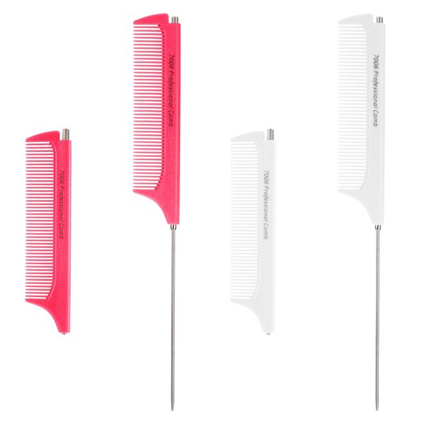 2Pcs Retractable Rat Tail Comb for Parting,Protable Fine Tooth Teasing Comb for Styling,Long Steel Pin Rat Tail Comb for Women Girls Hair Styling(Pink+White)