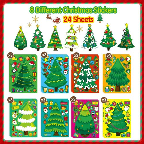 Christmas Stickers, Christmas Tree Stickers for Kids, 24 Sheets Christmas Crafts for Kids, Make Your Own Christmas Tree Stickers Christmas Gifts for Christmas Activities Games Party Favors Supplies
