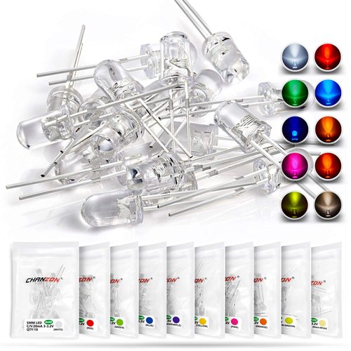 CHANZON 100pcs 5mm LED Diode Lights Assortment 10 Colors x 10pcs Diodes (Clear Transparent Lens) Emitting Lighting Bulb Lamp Assorted Kit Variety Color White Red Yellow Green Blue Orange UV Pink