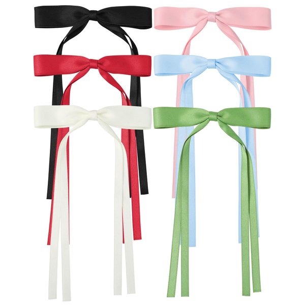 6Pcs Hair Ribbons for Women Hair Clips Tassel Ribbon Bowknot With Long Tail Solid Hair Ribbon for Girls (Black/Blue/Beige/Pink/Green/Red)