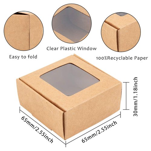 BENECREAT 30 Packs 2.5x2.5x1.2 Square Brown Kraft Paper Boxes with Clear Window for Wedding Party Favor Treats, Bakery and Jewelry, Christmas Festival Gift Packaging