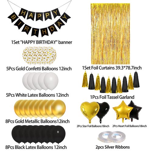Amandir Birthday Decorations for Men Women, Black and Gold Balloons Party Decorations Happy Birthday Banner Tassels Metallic Fringe Curtains 30th 40th 50th 70th New Year Birthday Decorations Supplies