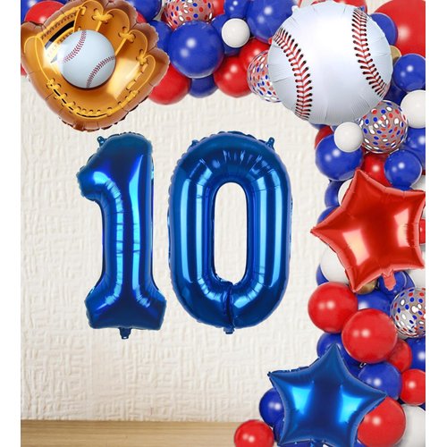 Kwuz Baseball Balloons 10th Birthday Decorations for Boys | Baseball Birthday Decoration Sports Theme Party Supplies, 32Inch Foil Mylar Number 10 Balloon Navy Blue Red White Sports Balloon Arch Kits