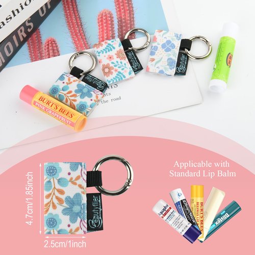 Beautyflier Cute Elastic Lip Balm Holder Keychain, Lipstick Sleeve Chapstick Sleeve Holder for Burts Bees Chapstick, Lip Balm Holder Compatible with Blistex Lip Balm (Flowers, 3pcs)