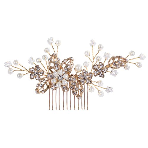 CROWN GUIDE Bridal Hair Comb Clip Pin Rhinestone Pearl Wedding Hair Accessories for Women Brides Bridesmaid Hairpiece Gold