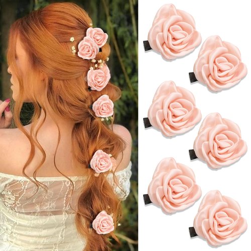 YAEISM 6PCS Pink Flower Hair Clips Small Satin Rose Hair Pins Elegant Hair Flowers Claw Clip Pink Floral Decoratives Wedding Hair Accessories for Women Girls