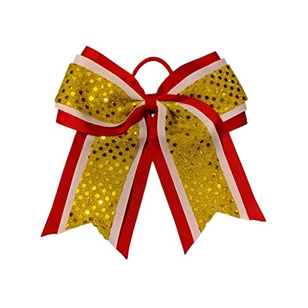 New "CONFETTI DOTS Red Yellow Gold" Cheer Bow Pony Tail 7 Inch Girls Hair Bows Cheerleading Dance Practice Football Games Competition Birthday Grosgrain Ribbon