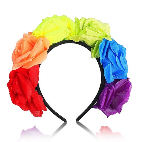BYNYTO Pride Rainbow Headband Floral Crown Headbands for Women Hawaiian Hair Hoop Hairband Rose Flower Crown Boho Outfits for Women Girls Gay Pride Hair Accessories LGBTQ Party Decorations